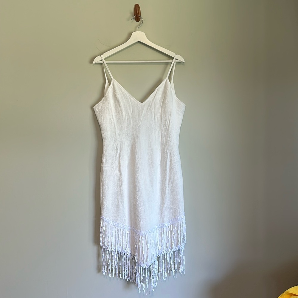 White lowback sequin fringe dress